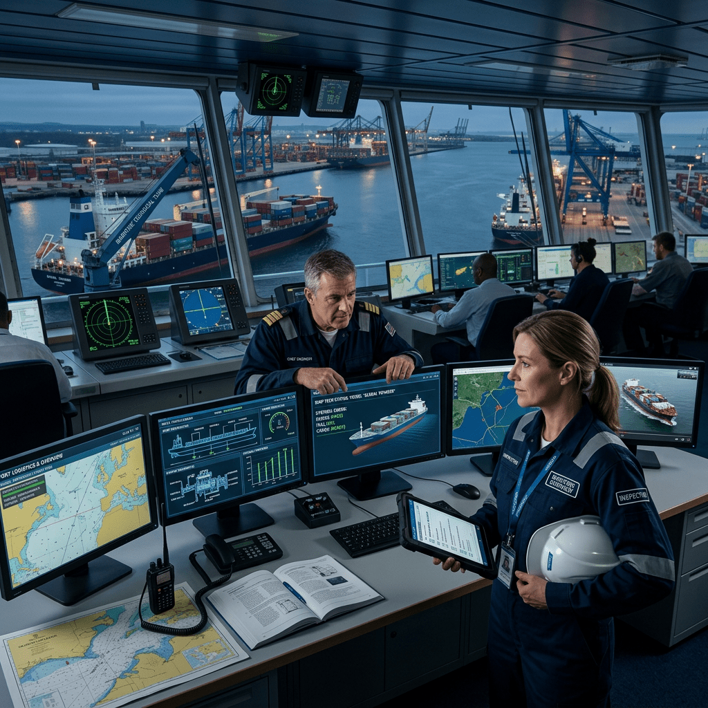 Ship officers monitoring vessel logistics and navigation in a control room