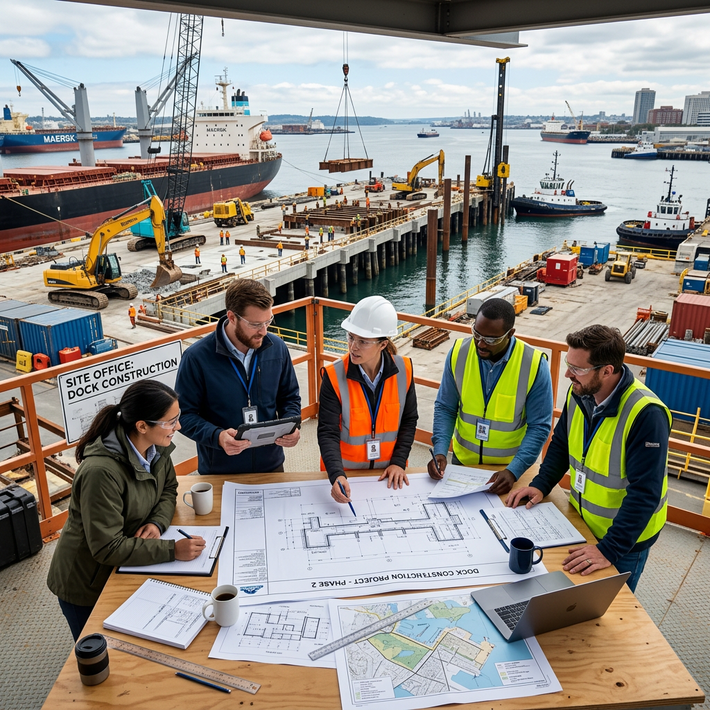 Team of construction professionals reviewing dock construction plans at waterfront site