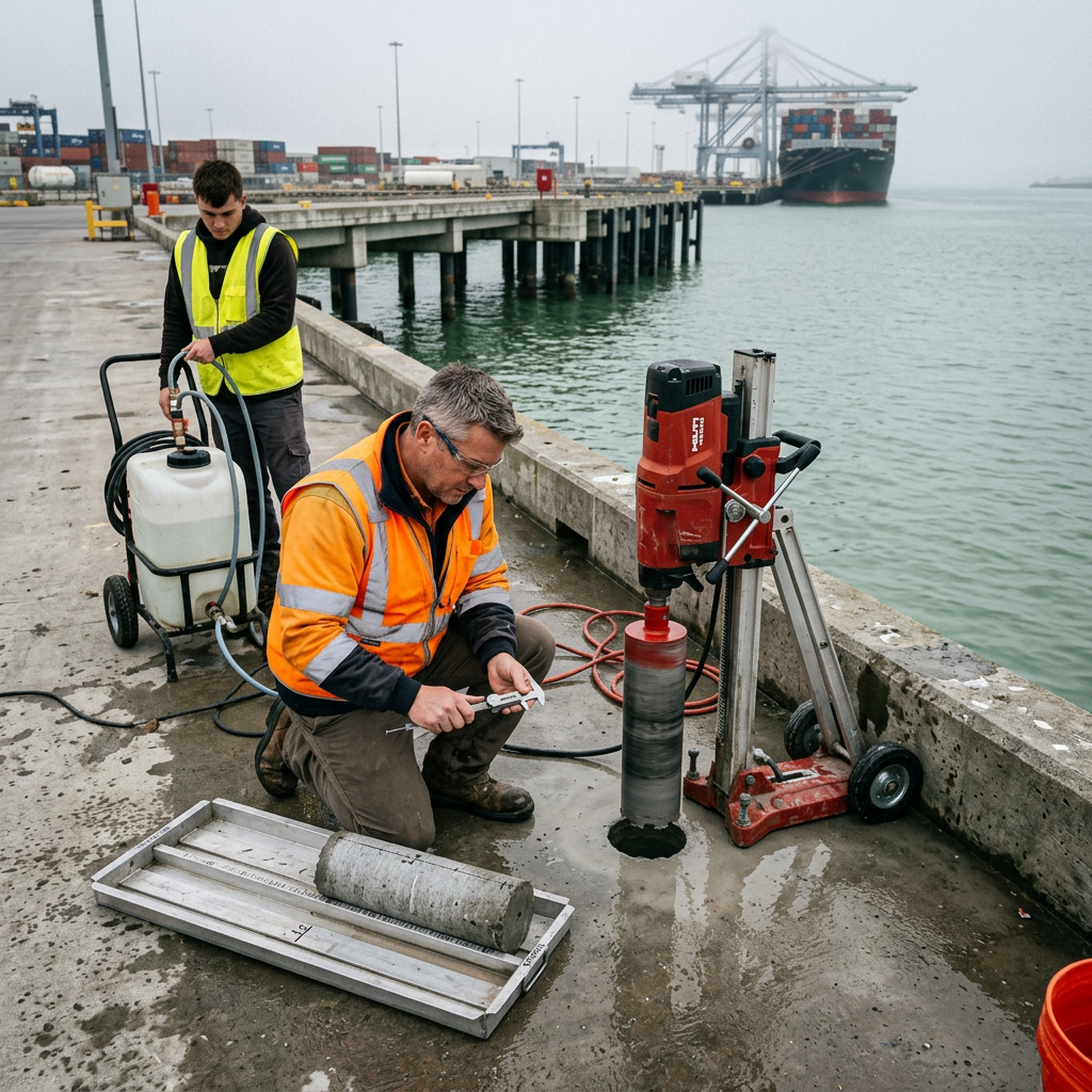 Workers extracting and measuring concrete core samples at a dock near cargo ship