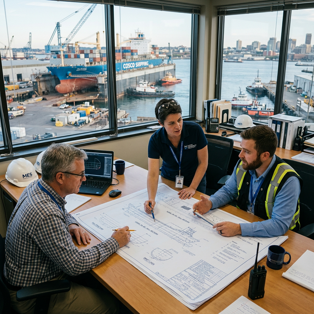 Three engineers studying ship blueprints at a desk with a view of a shipyard and cargo ship